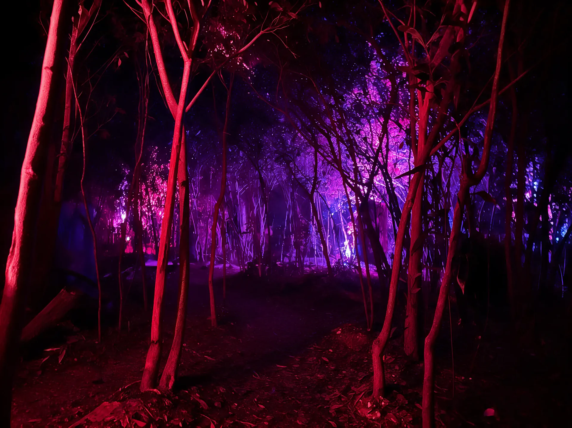 A woodland path surrounded by trees illuminated in red, magenta and violet
