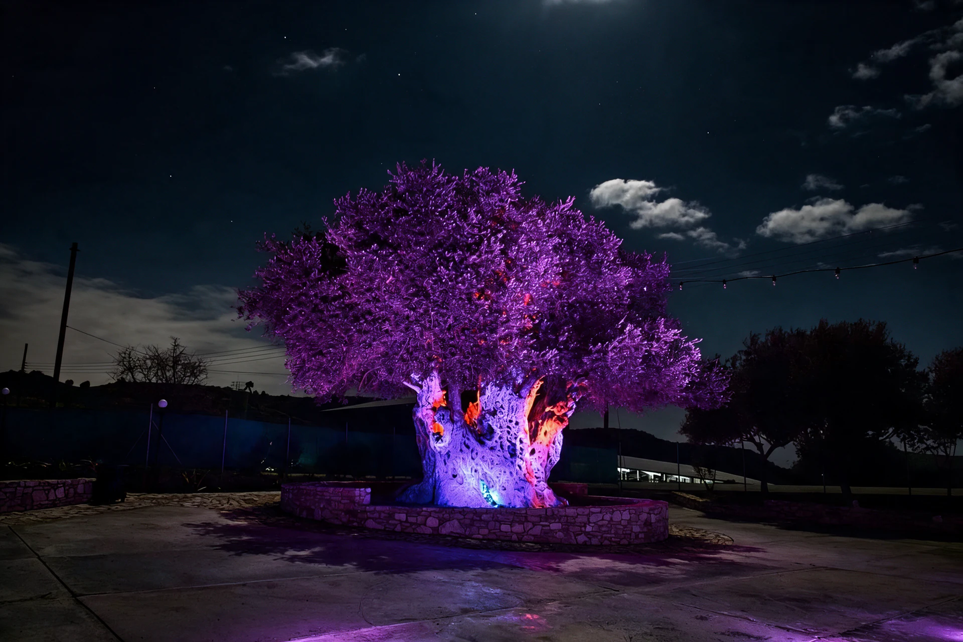 The olive tree illuminated in violet and warm amber